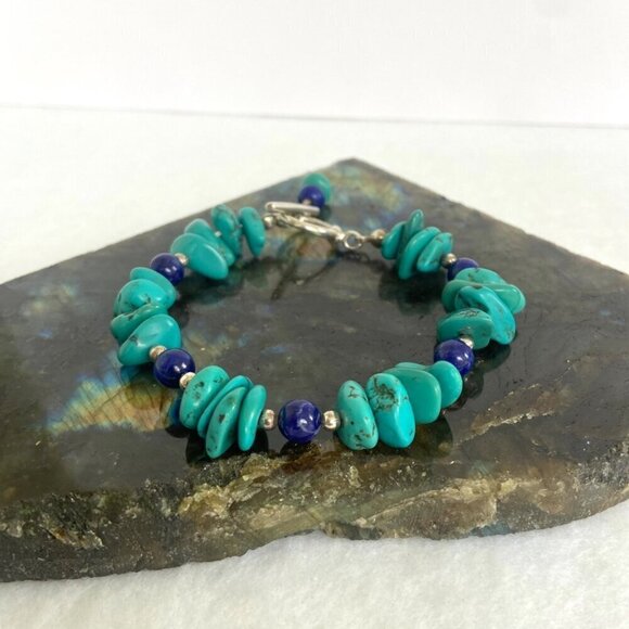 Sterling Silver 925 Dakota West Turquoise Chip & Round Lapis Beaded Bracelet 7" - Picture 7 of 16